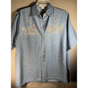Women's Embroidered Western Cowgirl Cactus  Denim Button Up Top Size Large